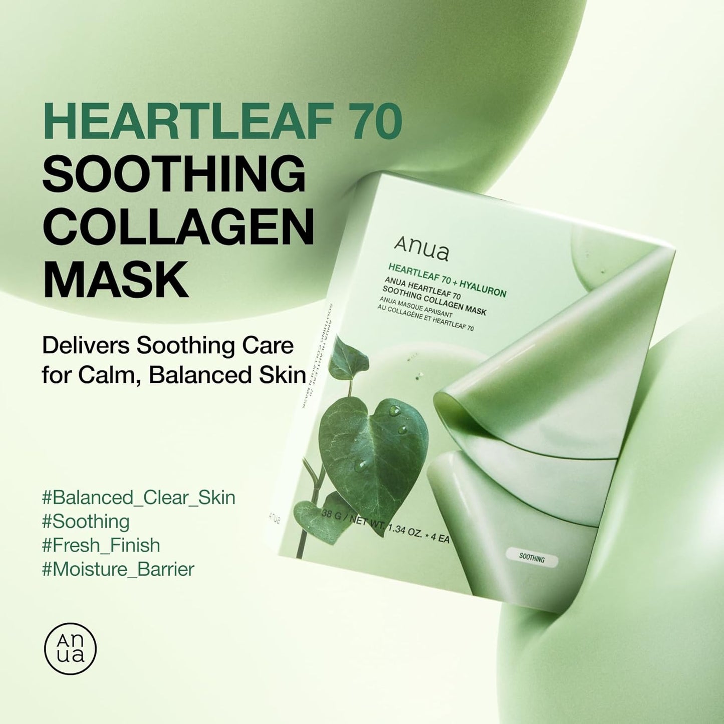 ANUA HEARTLEAF 70 SOOTHING COLLAGEN MASK (38g, 4ea)