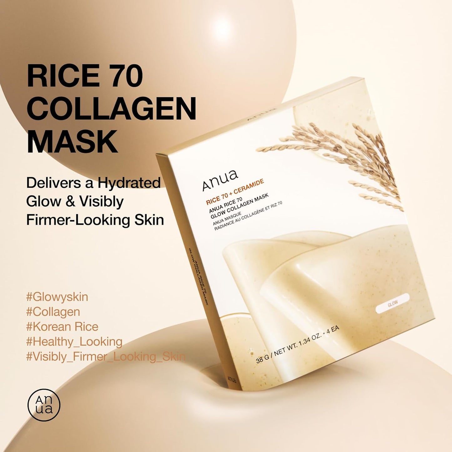 ANUA RICE 70 GLOW COLLAGEN MASK (38g, 4ea)