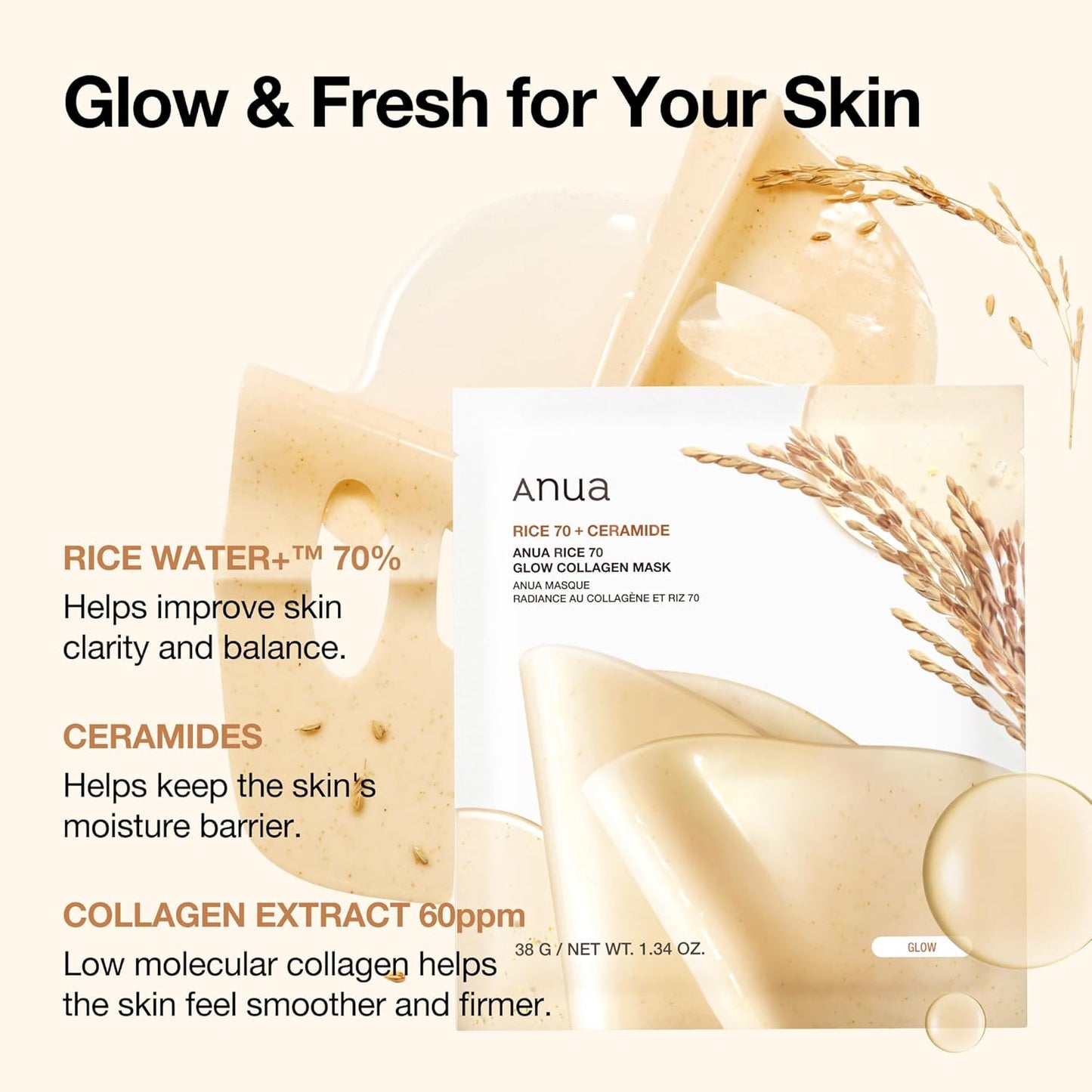 ANUA RICE 70 GLOW COLLAGEN MASK (38g, 4ea)